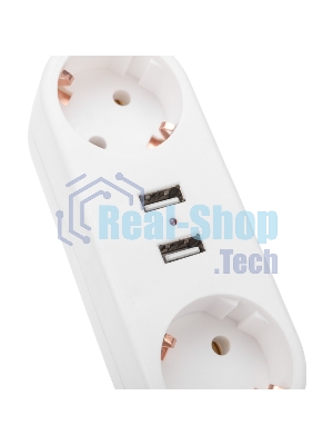 Двойник электрический Rexant линейный 16 А с заземлением + 2 USB-порта, 2,4 А, белый