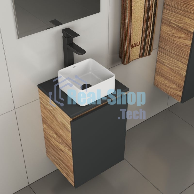 Комплект для ванной, 4 предмета (тумба Bau 40, графит + раковина BAU Hotel mini 24х24 + смеситель Hotel Black, выпуск клик-клак, черный)