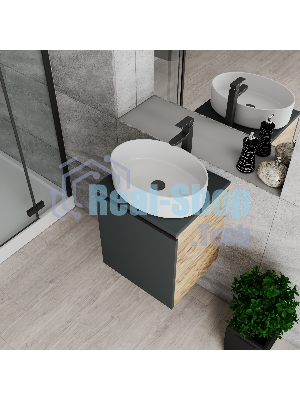 Тумба Bau Dream Blackwood 50 графит, раковина BAU Nimb 50х36, смеситель для раковины высокий Hotel Black, черный, выпуск клик клак, черный