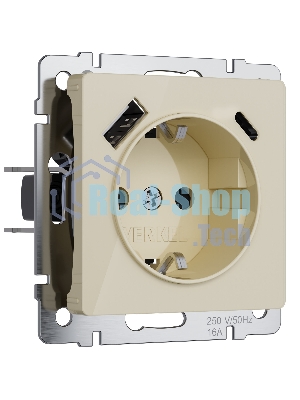 Розетка с заземлением, шторками и USB тип A+C (айвори акрил)