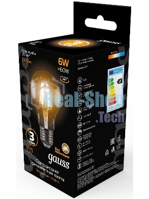 Лампа светодиодная филаментная Gauss 6Вт цок.:E27 шар 220B 2700K св.свеч.белый теп. A60 (упак.:10шт)