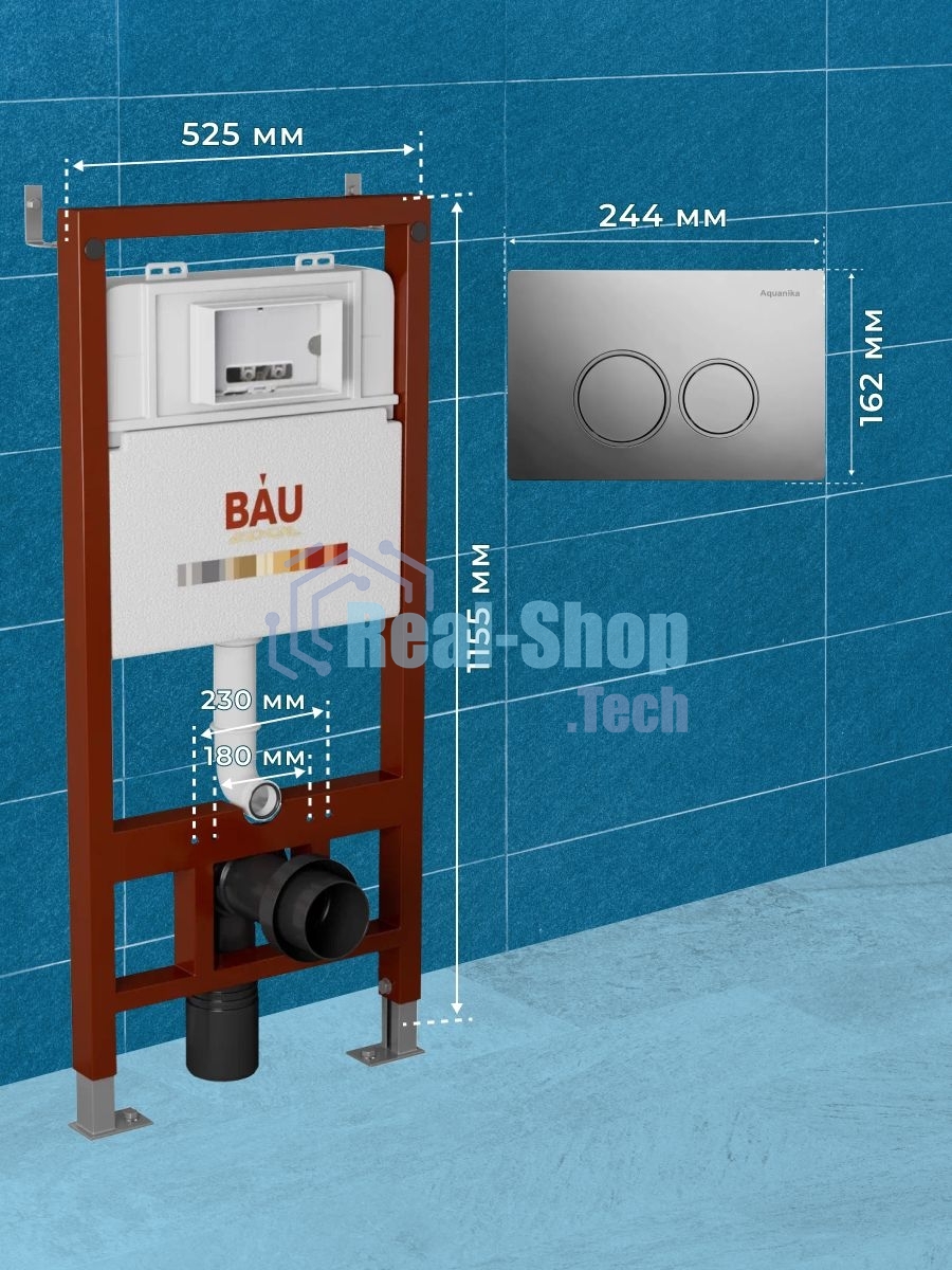 Инсталляция BAU PRO для подвесного унитаза, клавиша смыва BASIC, хром