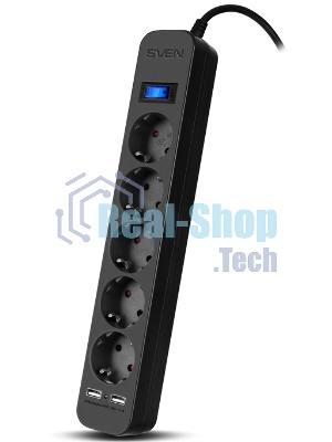 Фильтр SVEN SF-05LU 1,8 м (5 евро розеток,2хUSB(2,4А)) черный, цветная коробка Surge protector SVEN SF-05LU 1,8 м (5 евро розеток,2хUSB(2,4А)) черный, цветная коробка
