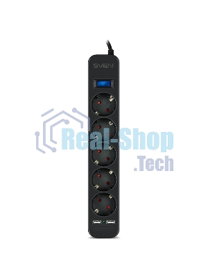 Фильтр SVEN SF-05LU 1,8 м (5 евро розеток,2хUSB(2,4А)) черный, цветная коробка Surge protector SVEN SF-05LU 1,8 м (5 евро розеток,2хUSB(2,4А)) черный, цветная коробка