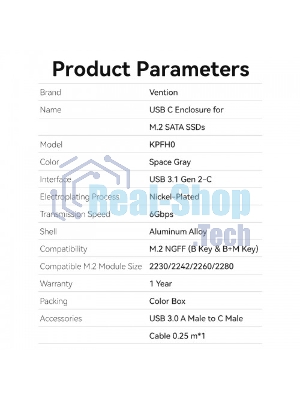 Корпус для SSD Vention USB 3.1 Gen 2-C M.2 NGFF (B-Key/B&M Key) Серый
