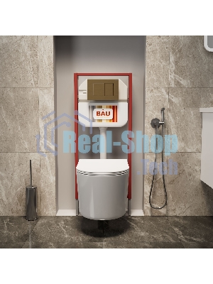 Комплект BAU 6 в 1: рамная инсталляция BAU NEO 45, унитаз подвесной безободковый Bau Hotel PRO, быстросъемное сиденье микролифт, кнопка смыва BAU Stil, бронза