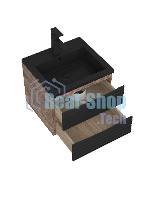 Тумба под раковину Bau Stil Loft black brushed, раковина кварцевая BAU Stil 50, черный металлик, смеситель Hotel Black, черный
