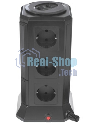 Сетевой фильтр Qumo Power Tower Pro 12SP5U (P-0001), 12 розеток, 2200 Вт, 10A, кабель 2 м 3*1 мм чистая медь, пожаробезопасный пластик, евровилка, 5 USB портов 4.5A суммарно