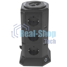 Сетевой фильтр Qumo Power Tower Pro 12SP5U (P-0001), 12 розеток, 2200 Вт, 10A, кабель 2 м 3*1 мм чистая медь, пожаробезопасный пластик, евровилка, 5 USB портов 4.5A суммарно