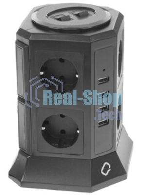 Сетевой фильтр Qumo Power Tower Pro 8SP4U (P-0002), 8 розеток, 2200 Вт, 10A, кабель 2 м 3*1 мм чистая медь, пожаробезопасный пластик, евровилка, 4 USB порта 4.5A суммарно