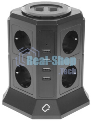Сетевой фильтр Qumo Power Tower Pro 8SP4U (P-0002), 8 розеток, 2200 Вт, 10A, кабель 2 м 3*1 мм чистая медь, пожаробезопасный пластик, евровилка, 4 USB порта 4.5A суммарно