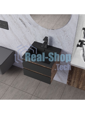 Тумба под раковину Bau Stil Loft black brushed, раковина кварцевая BAU Stil 50, черный металлик, смеситель Hotel Black, черный