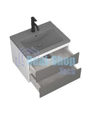 Тумба под раковину Bau Stil Loft grey brushed, раковина кварцевая BAU Stil 58, серый металлик, смеситель Dream Black, черный