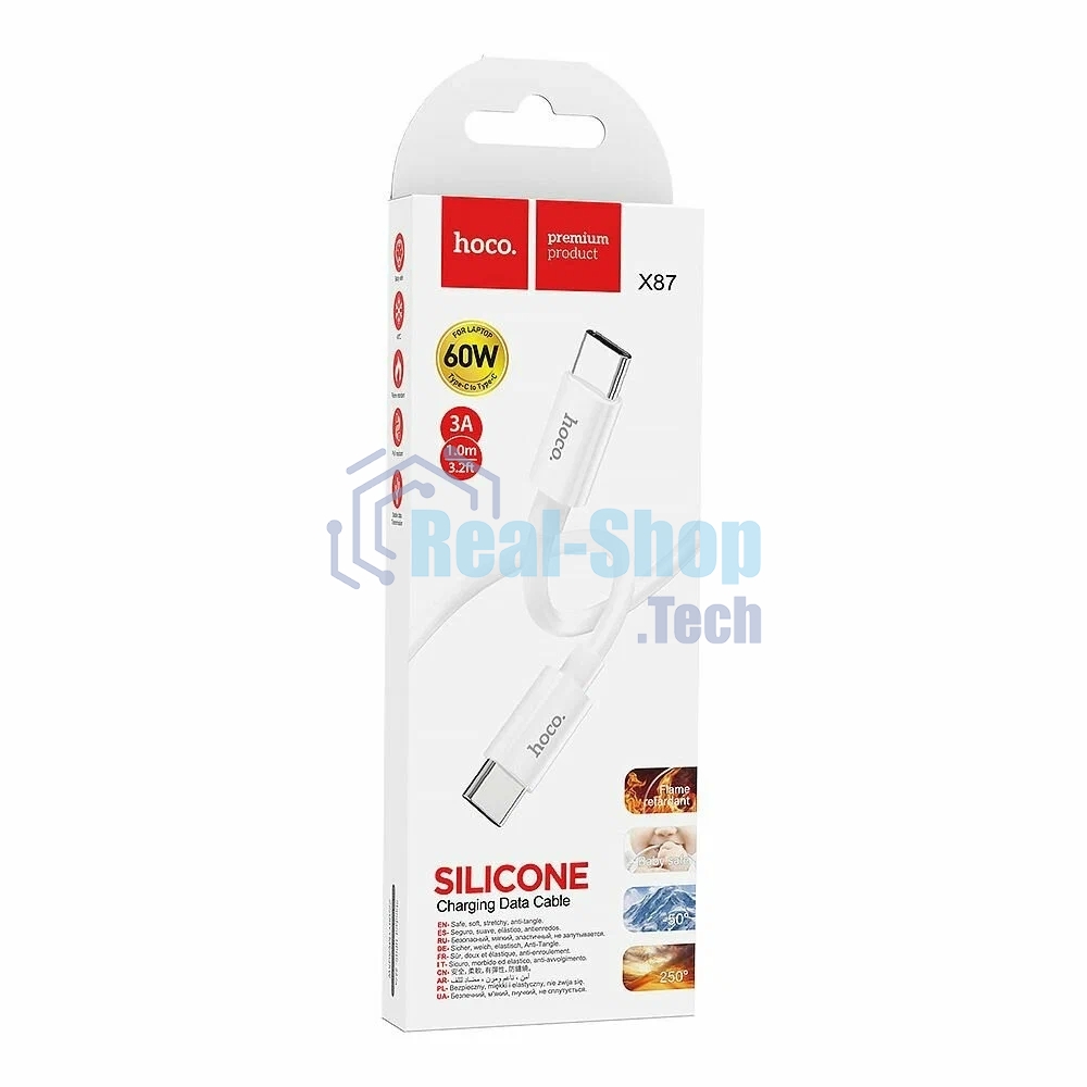 Кабель USB2.0 Hoco Type-C/Type-C, 3А, 60Вт, силиконовая оплетка, X87, 1м, белый, коробка
