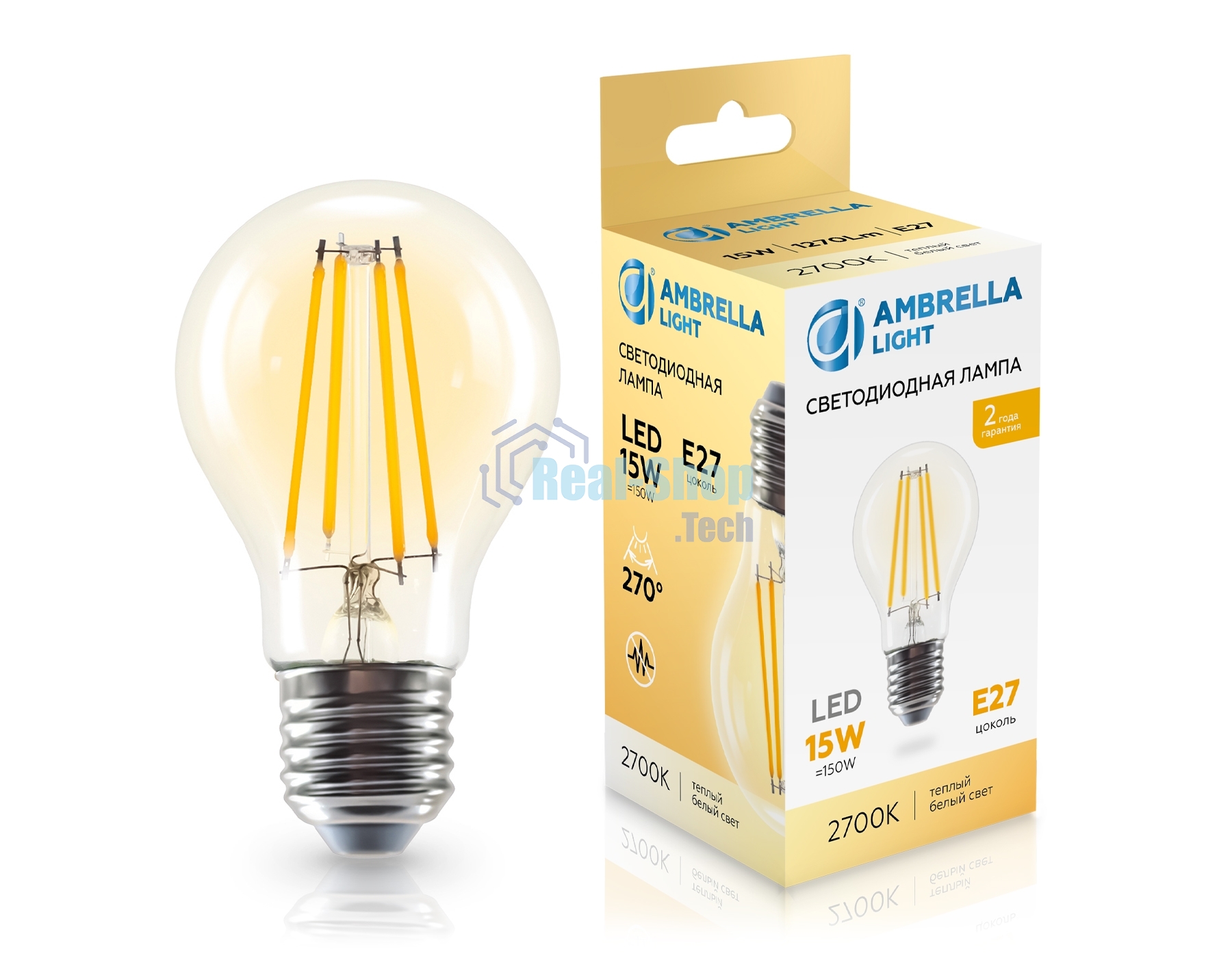Лампа светодиодная 601513 Filament LED A60 15W E27 2700K 220-240V