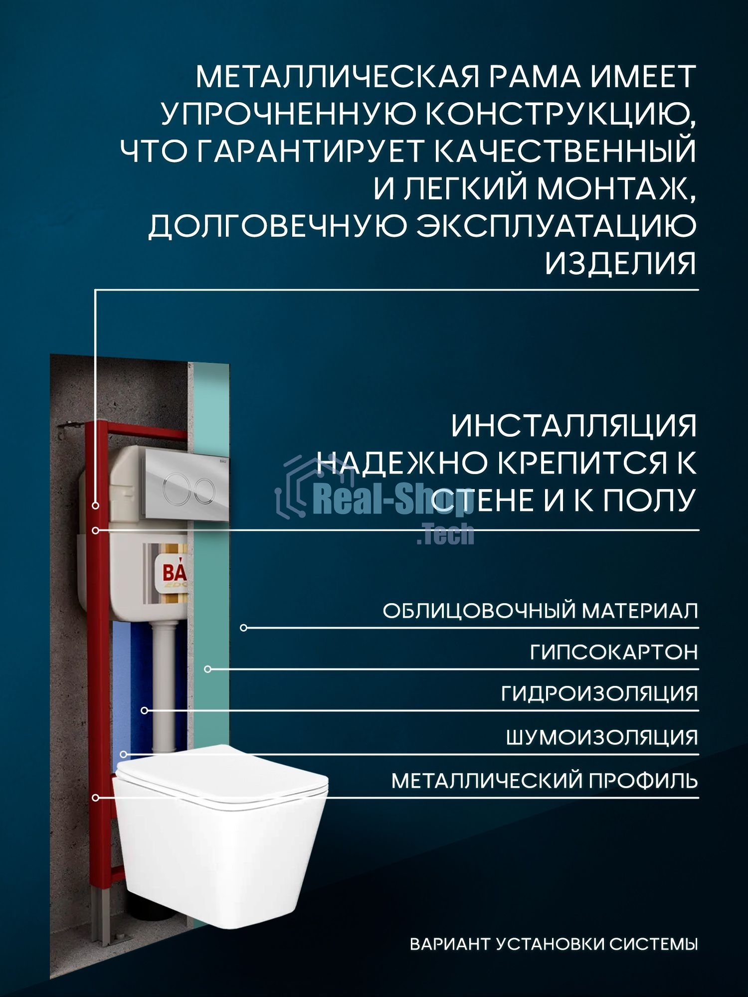Комплект BAU 6 в 1: рамная инсталляция BAU NEO 45, унитаз подвесной безободковый вихревой со скрытым сливом Bau Stil Hurricane-5, сиденье дюропласт микролифт, кнопка смыва BAU Dream , хром