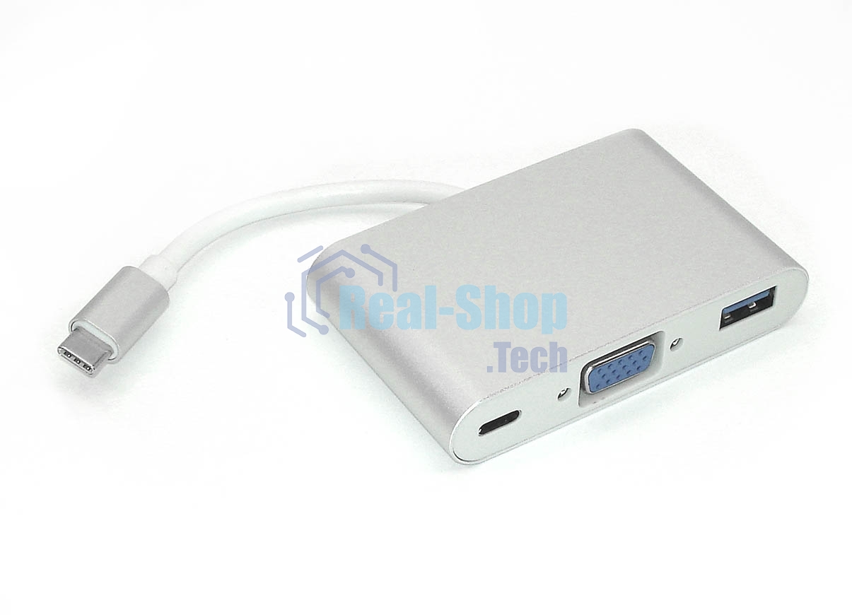 Адаптер Type-C на VGA, USB 3.0 + Type-С для MacBook, серебристый