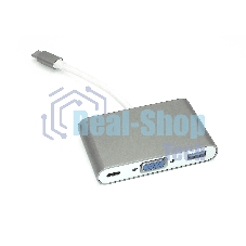 Адаптер Type-C на VGA, USB 3.0 + Type-С для MacBook, серый