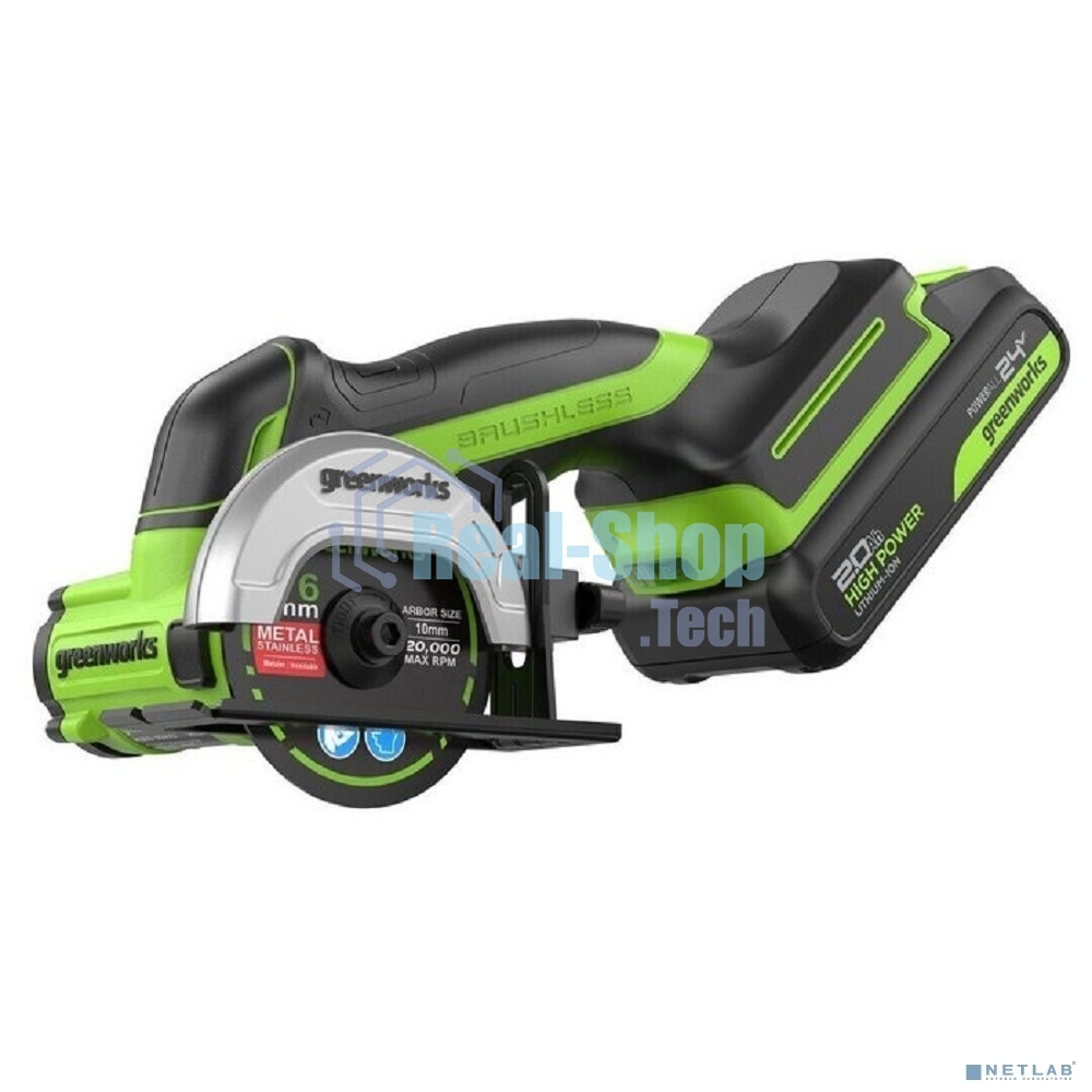 Угловая шлифовальная машина аккумуляторная GreenWorks GD24UCS, 24V, б/щет, 20000 об/мин,76 мм, рез 18 мм,1х2Ач,ЗУ,кор 3402007CUA