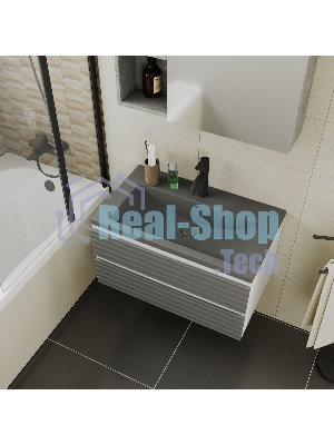 Тумба под раковину Bau Stil Loft grey brushed, раковина кварцевая BAU Stil 75, серый металлик, смеситель Dream Black, черный