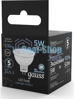 Лампа светодиодная Gauss Black 5Вт цок.:GU5.3 рефлектор 12B 4100K св.свеч.бел.ней. MR16 (упак.:10шт) (201505205)