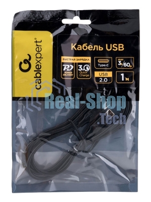 Кабель USB2.0 Cablexpert CC-USB2-CMCM-60-1M, Type-C/Type-C, 3A, 60Вт, PD/QC3.0, медь, 1м, черный, пакет