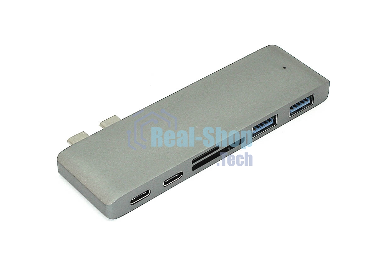 Адаптер сдвоенный Type-C на USB 3.0*2 + Type-C* 2 + SD/TF для MacBook, серый