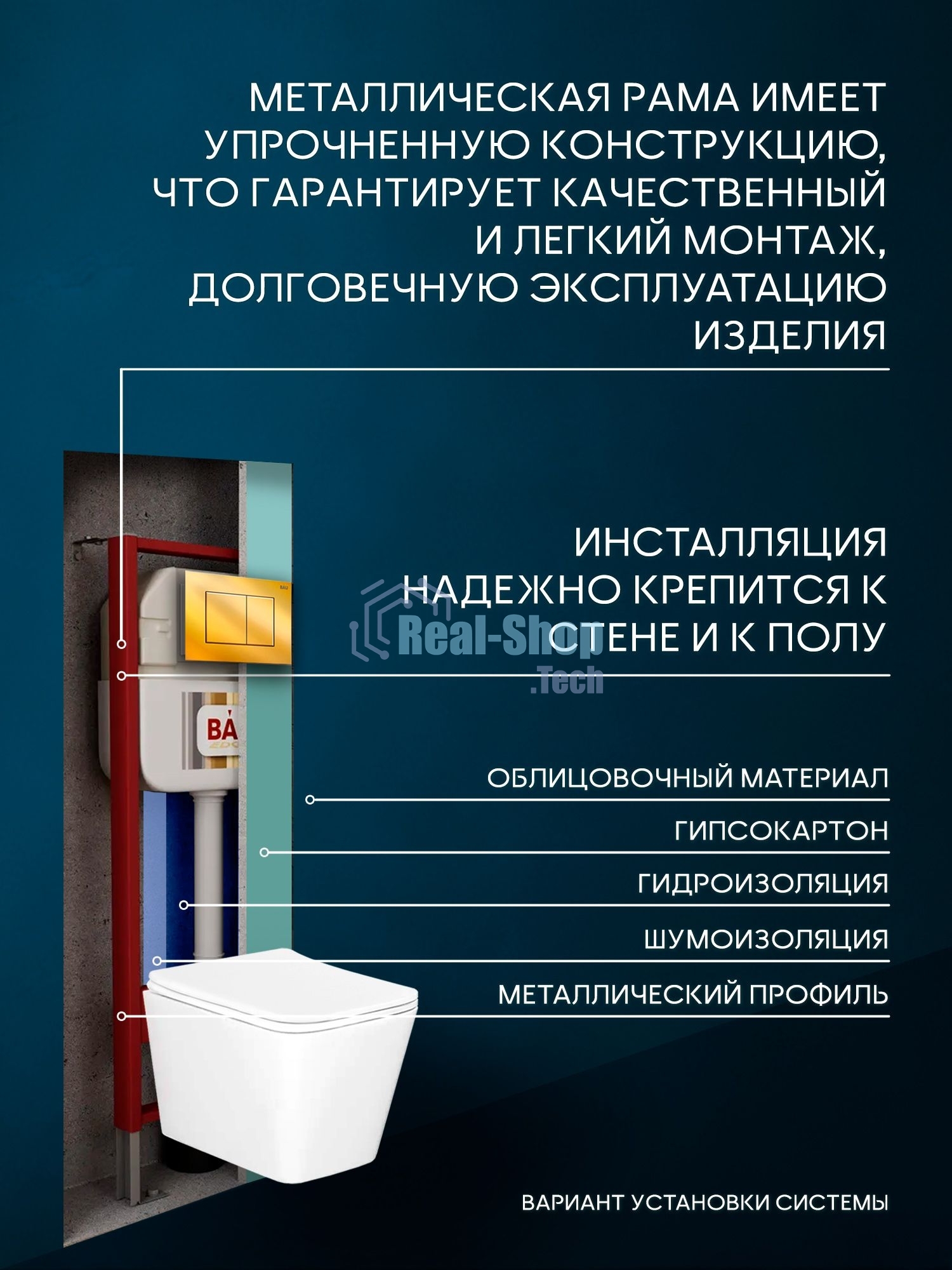 Комплект BAU 6 в 1: рамная инсталляция BAU NEO 45, унитаз подвесной безободковый вихревой со скрытым сливом Bau Stil Hurricane-5, сиденье дюропласт микролифт, кнопка смыва BAU Stil, золото