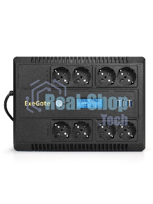 Источник бесперебойного питания ExeGate NEO Smart LHB-1000.LCD.AVR.8SH.CH.USB 1000VA/650W, LCD, AVR, 8*Schuko, USB, 4*USB-порта для зарядки, черный