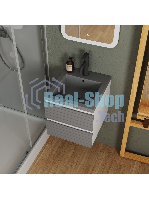 Тумба под раковину Bau Stil Loft grey brushed, раковина кварцевая BAU Stil 40, серый металлик, смеситель Dream Black, черный