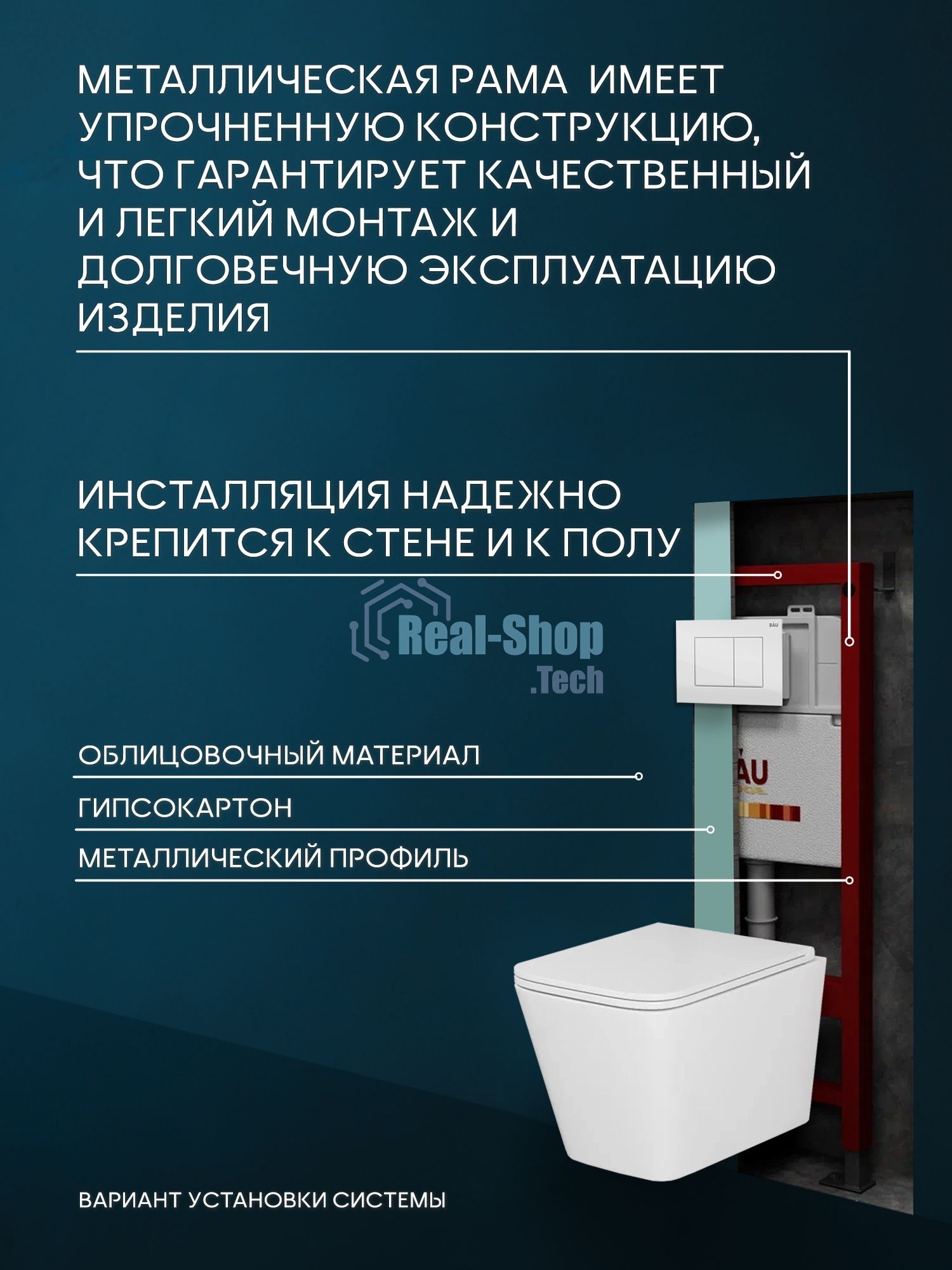 Комплект BAU 6 в 1: инсталляция BAU PRO, унитаз подвесной безободковый торнадо обратного потока Bau Stil Hurricane-2, сиденье дюропласт микролифт, кнопка смыва BAU Stilи, белый глянец