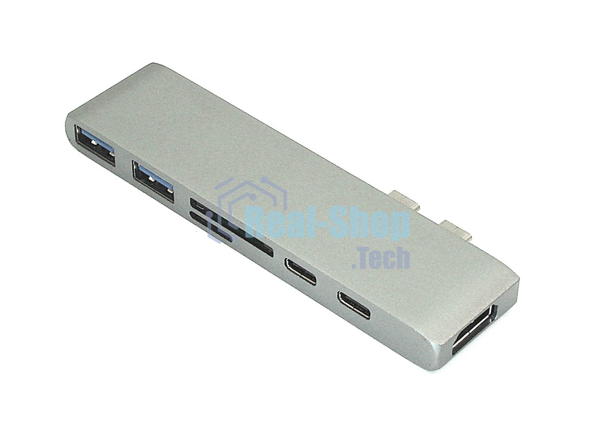 Адаптер сдвоенный Type-C на HDMI, USB 3.0*2 + Type-C* 2 + SD/TF для MacBook, серый