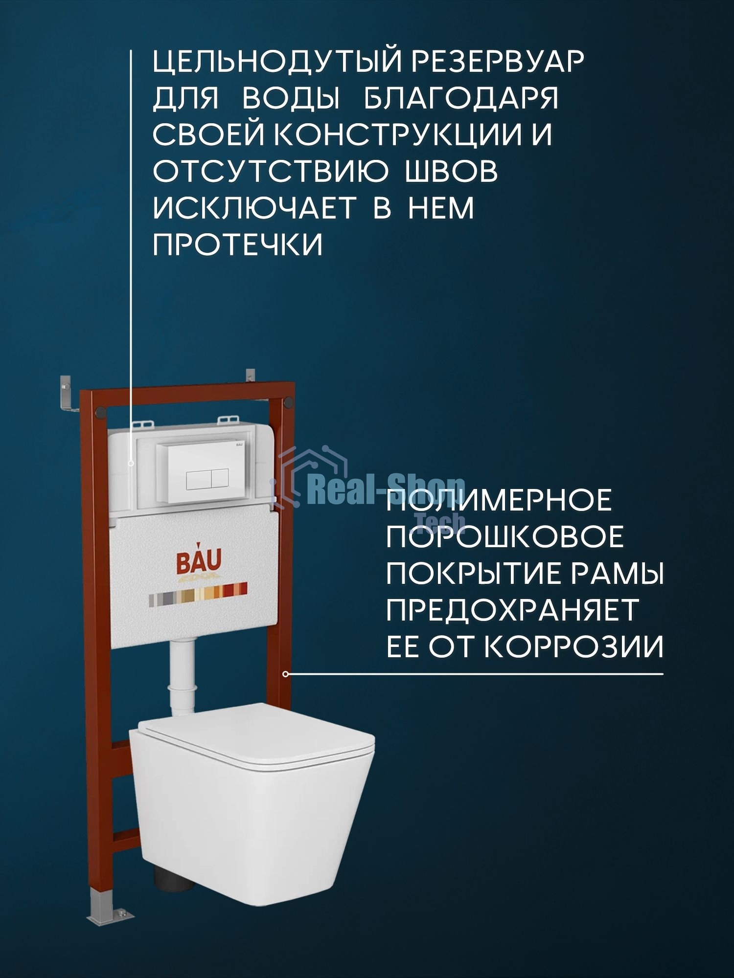 Комплект BAU 6 в 1: инсталляция BAU PRO, унитаз подвесной безободковый торнадо обратного потока Bau Stil Hurricane-2, сиденье дюропласт микролифт, кнопка смыва BAU Hotelи, белый глянец