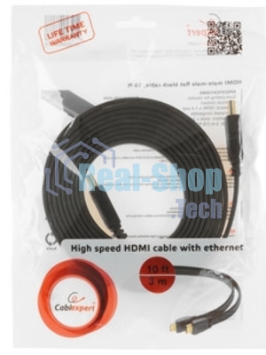 Кабель Cablexpert HDMI CC-HDMI4F-10, 19M/19M, v2.0, медь, позол.разъемы, экран, плоский кабель, 3м, черный, пакет