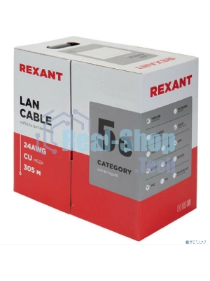 Кабель витая пара Rexant U/UTP, CAT 5e, PVC, 4PR, 24AWG, INDOOR, SOLID, серый, 305м