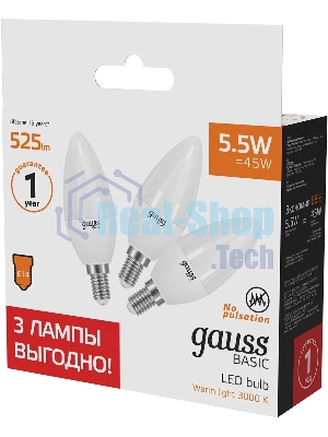 Лампа светодиодная Gauss Basic 1033116T 5.5Вт цок.:E14 свеча 240B 3000K св.свеч.белый.теп. (упак.:3шт)
