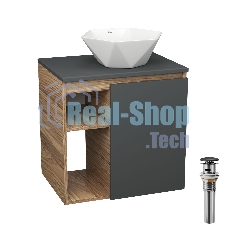 Тумба Bau Dream Blackwood 60 правая, графит, раковина BAU Crystal 40х40, выпуск клик клак, черный