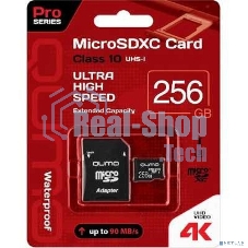 Флеш карта QUMO MicroSDXC 256 Gb 90/70 МБ/с UHS-I U3, Pro seria 3.0, адаптер в комплекте SD, красная картонная упаковка (QM256GMICSDXC10U3)
