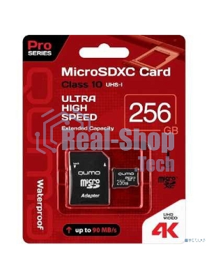 Флеш карта QUMO MicroSDXC 256 Gb 90/70 МБ/с UHS-I U3, Pro seria 3.0, адаптер в комплекте SD, красная картонная упаковка (QM256GMICSDXC10U3)
