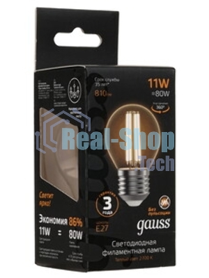 Лампа филам. Gauss Filament 11Вт цок.:E27 груша св.свеч.бел.нейт. (упак.:10шт) (22221)