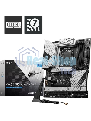 Материнская плата MSI PRO Z790-A MAX WIFI, LGA 1700, Intel Z790, 4xDDR5, 6xSATA, 4xM.2, 1xPCI-E 5.0 x16, 1xPCI-E 4.0 x16, 1xPCI-E 3.0 x16, 1xPCI-E x1, 1xHDMI, 1xDP, 1x2.5Gb LAN, 2xUSB-A 2.0, 2xUSB-A 3.2 Gen 1, 3xUSB-A 3.2 Gen 2, 1xUSB-C 3.2 Gen 2x2, 5x3.5мм, TOSLINK, 7.1, ATX