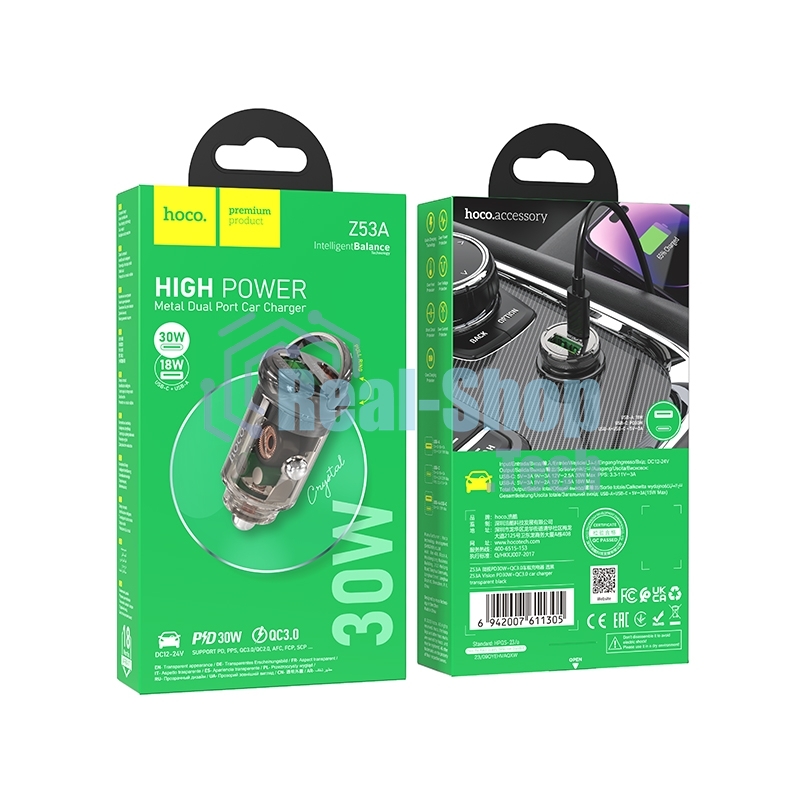 Автомобильное зарядное устройство Hoco Z53A 30Вт, USB, Type-C, черный, коробка