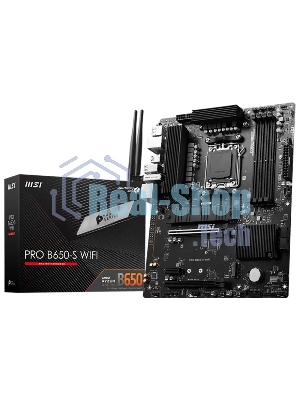 Материнская плата MSI PRO B650-S WIFI, AM5, AMD B650, 4xDDR5, 4xSATA, 2xM.2, 1xPCI-E 4.0 x16, 1xPCI-E 4.0 x4, 1xHDMI, 1xDP, 1x2.5Gb LAN, 3xUSB 3.2 Gen 1, 3xUSB 3.2 Gen 2, 6x3.5 мм, 7.1, Standard-ATX
