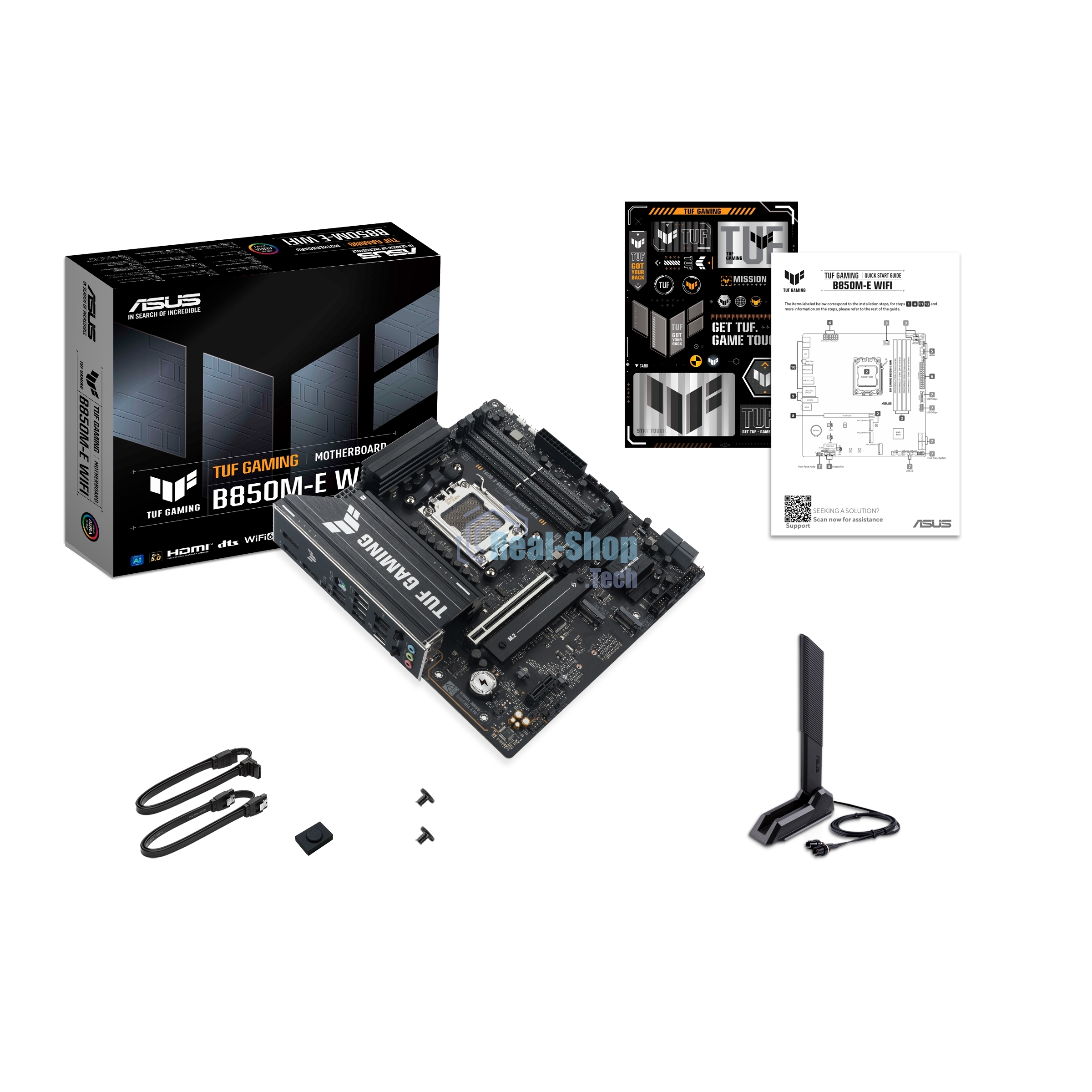 Материнская плата ASUS TUF GAMING B850M-E WIFI, AM5, AMD B850, 4xDDR5, 4xSATA, 3xM.2, 1xPCIe 5.0 x16, 1xPCIe 4.0 x16, 1xPCIe 3.0 x1, 1xHDMI (v2.1), 2xDP (v1.4), 1x2.5Gb LAN, Wi-Fi 6E, Bluetooth 5.3, 1xUSB-C 10Gbps, 2xUSB-A 10Gbps, 2xUSB-A 5Gbps, 4xUSB-A 2.0, 1xPS/2, 3x3.5 мм, 7.1, mATX