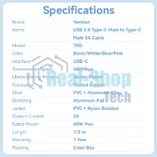 Кабель Vention USB 2.0 CM/CM - 2м. черный 3А PD60W