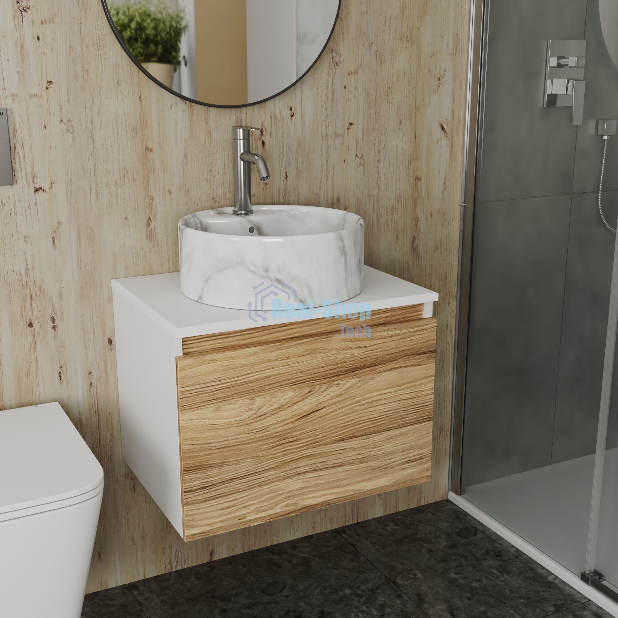 Комплект: тумба Bau Dream Blackwood 60, 1 ящик, Раковина круглая накладная BAU Element D41, мрамор, смеситель Hotel Dream, нерж сталь