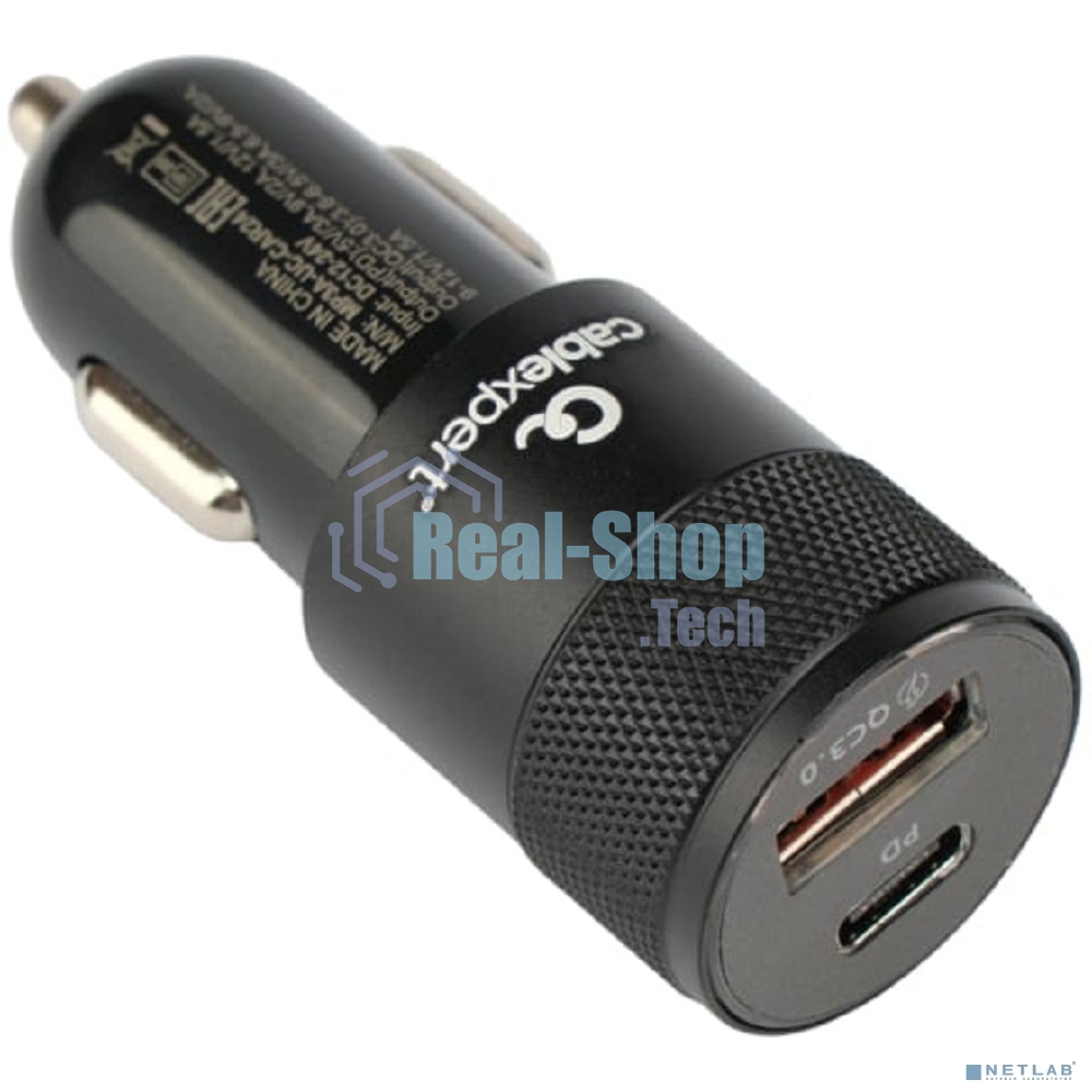 Автомобильное зарядное устройство Cablexpert MP3A-UC-CAR24, 38Вт, быстрая зарядка QC3.0/PD, 2 порта: USB и Type-C
