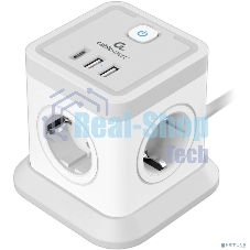 Сетевой фильтр Cablexpert Tower, TWR-4-CU2-W-2, 4р, 10А, 1xType-C PD, 20Вт, 2хUSB, 2 м, ур. защиты 2+, белый, коробка