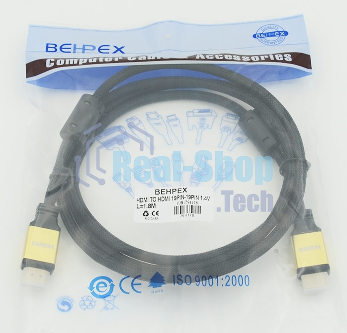 Кабель HDMI Behpex Ver.1.4 Gold jack HDMI(19pin)/HDMI(19pin) 1.8м феррит.кольца позолоченные контакты