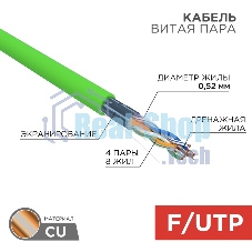 Кабель витая пара Rexant F/UTP, cat.5e, нг(А)-LSLTx, 4х2х0,52мм, 24AWG, INDOOR, SOLID, зеленый, 305м